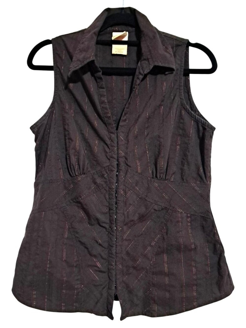 Y2K Sleeveless Button-Down Top‎ Womens S (4/6) Brown Copper Tinsel Stretch Faded